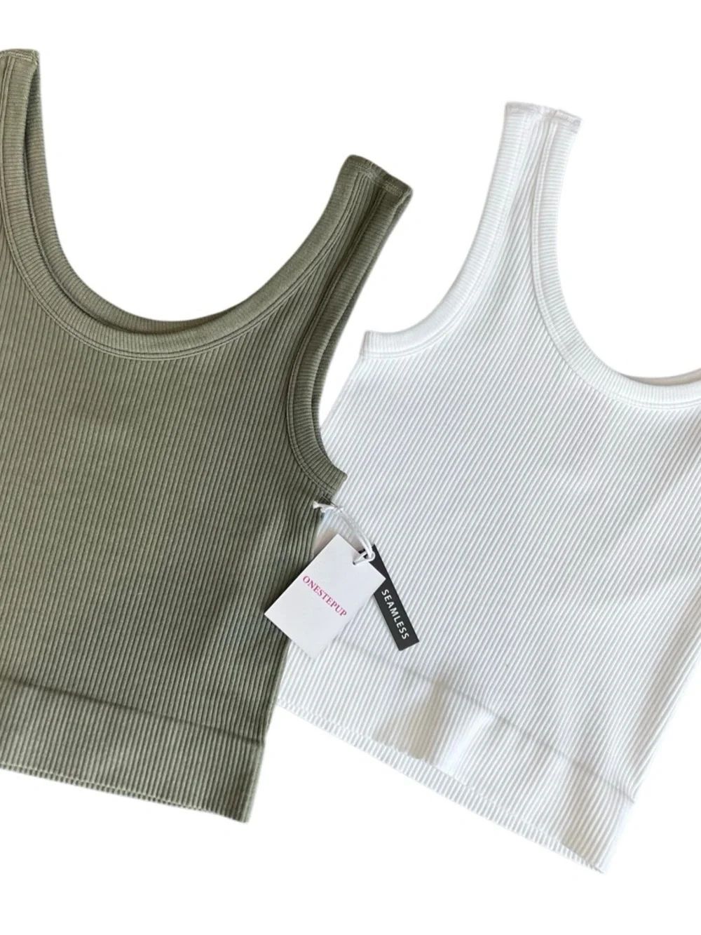 Tank Top Set Bundle Ribbed Cropped Green White Size S/M - Picture 7 of 13